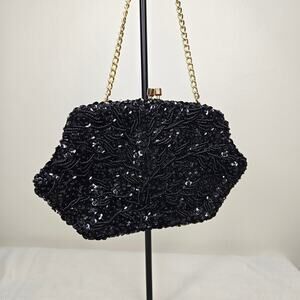 Unbranded Black Sequined & Beaded Evening Clutch With Gold tone Chain Handle